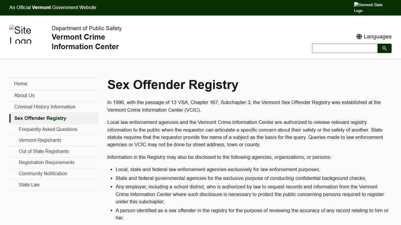 Sex Offender Registry | Vermont Crime Information Center